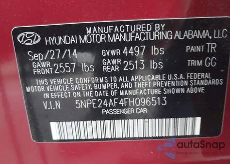 2015 Hyundai Sonata Se from USA, damaged, VIN 5NPE24AF4FH096513